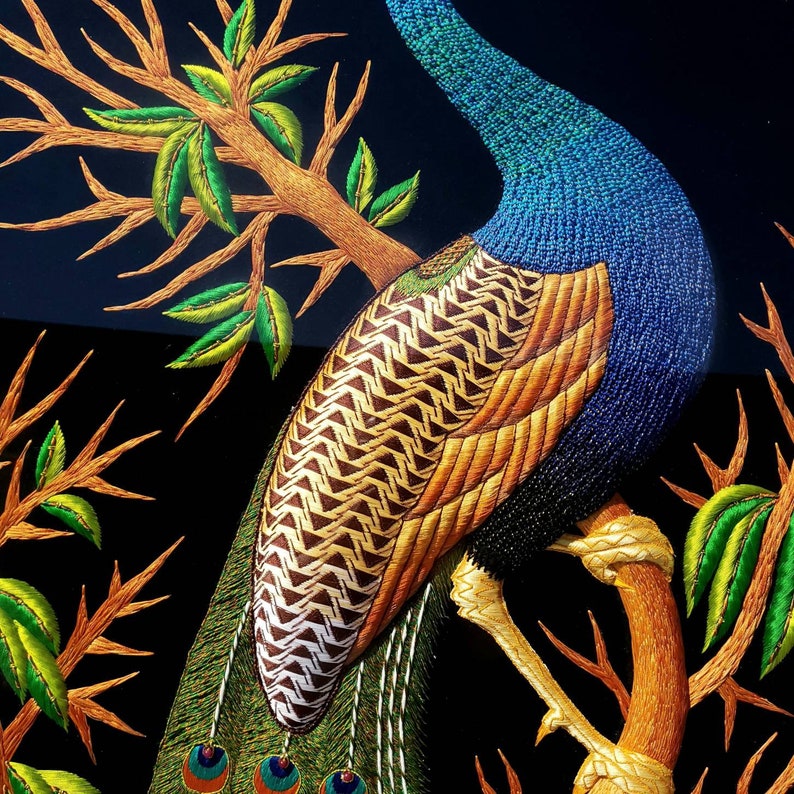 Large Hand Embroidered Peacock Wall Art: Zardozi India Decor image 5