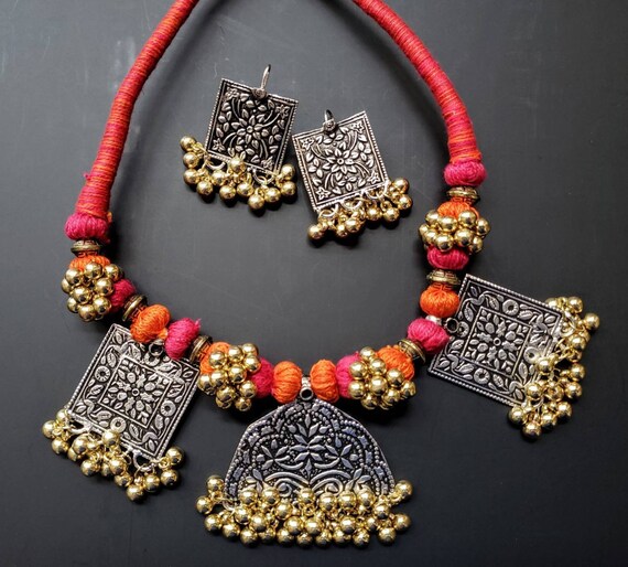 Oxidized Silver Afghan Thread Necklace 