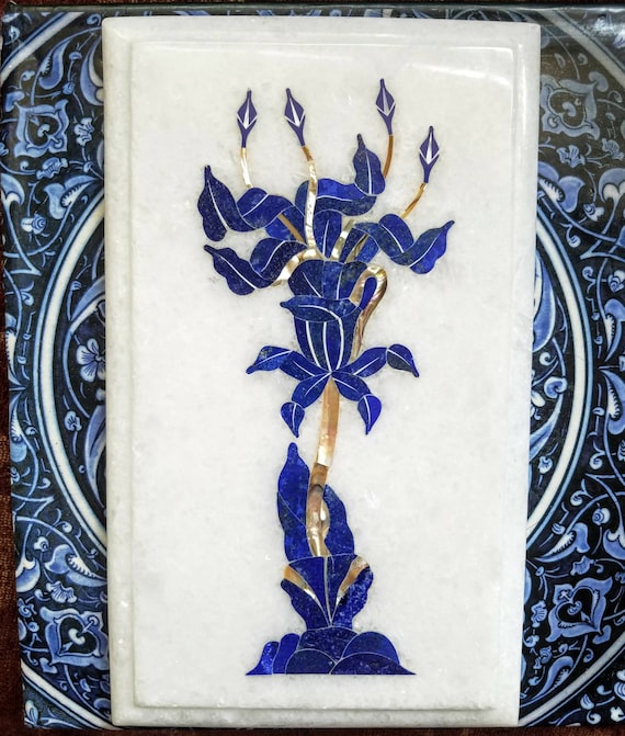 Lapis Lazuli Inlaid Marble Tile: Taj Mahal Floral Art Plate