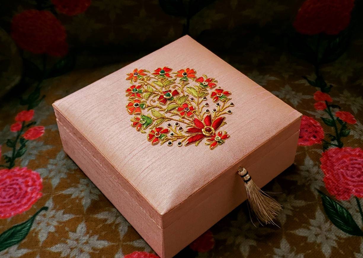 Pink silk handmade embroidered Jewelry box, silk gift box