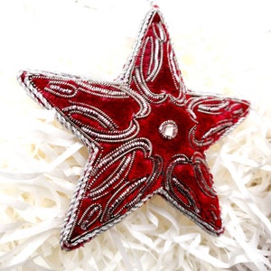 Hand made red silver star Christmas ornament, hand embroidered velvet Christmas decoration, holiday gift tag, wine gift tag,wreath, vintage image 4