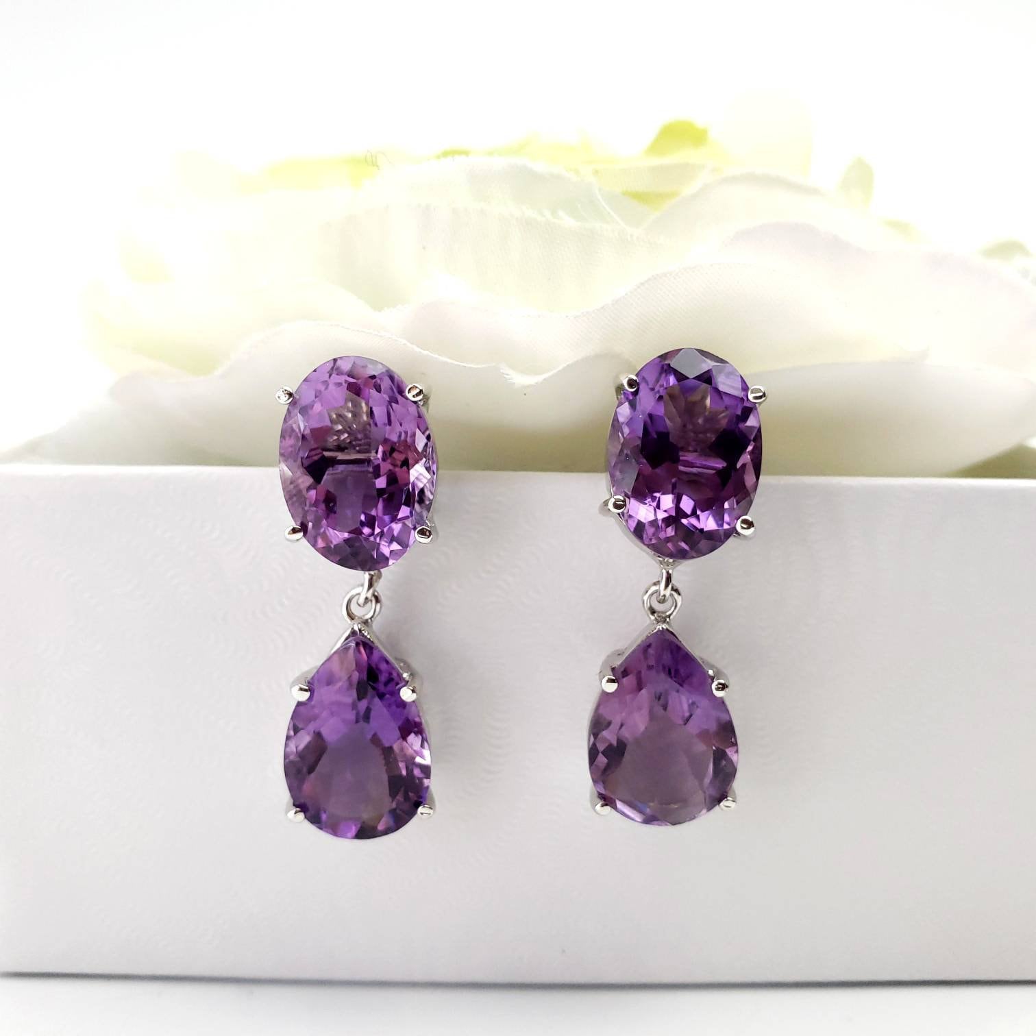 Large Natural Amethyst Gemstone Silver Earrings Sterling Silver