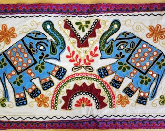 Colorful Elephant embroidered wall hanging tapestry, India wall decor, boho home decor, elephant lover gift, elephant tablecloth, dorm decor