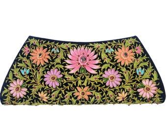 Black Silk Zardozi Clutch: Embroidered Floral Evening Bag with Ruby Gemstones