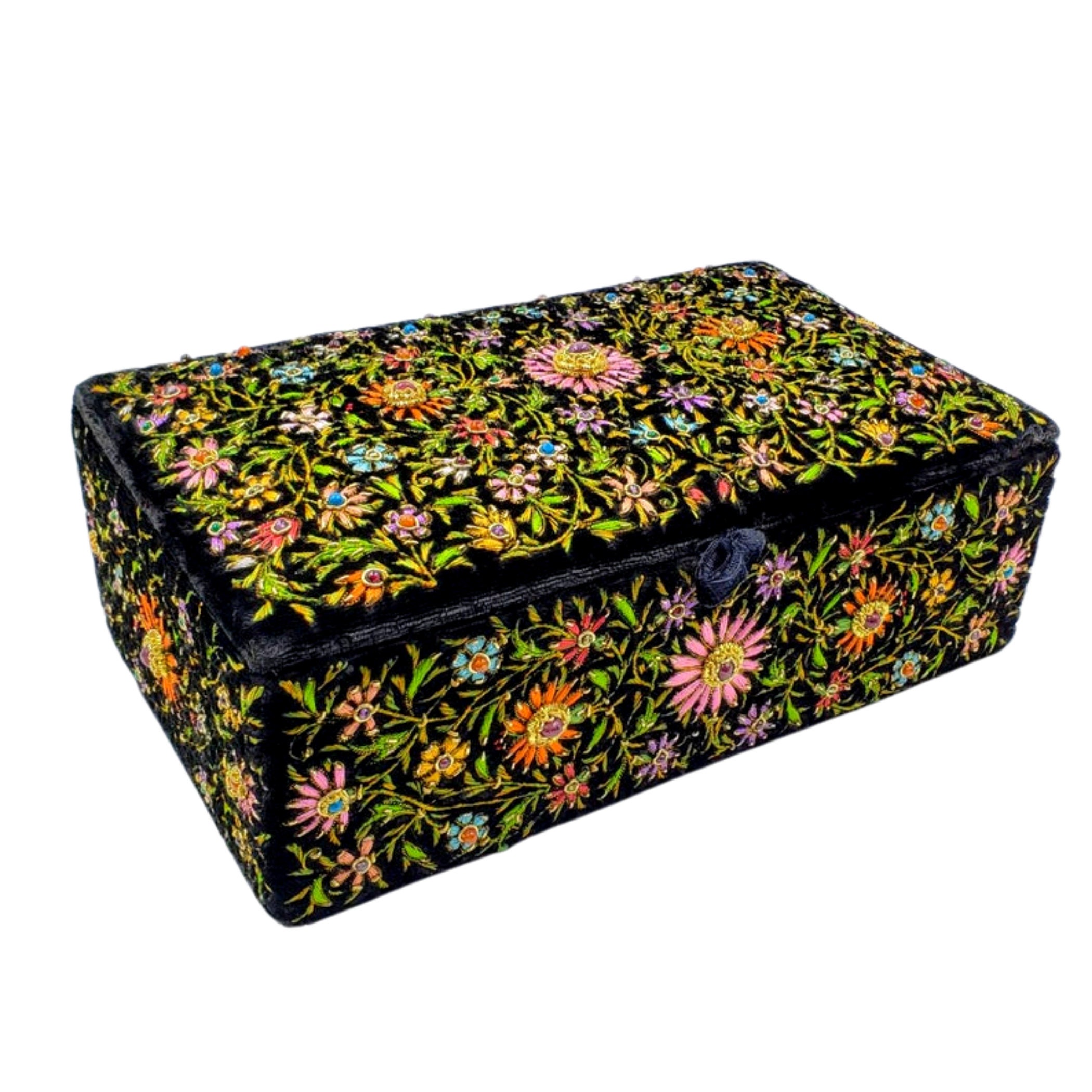 Large Embroidered Floral Keepsake Box with Semi Precious Gemstones