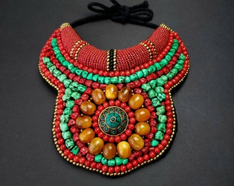 Tibetan red yellow bead bib necklace with brass medallion, Tibetan statement necklace, ethnic collar necklace, boho bib necklace