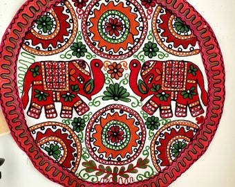 Handmade embroidered elephant wall hanging tapestry, India wall art, boho home decor, elephant lover gift, round elephant tablecloth