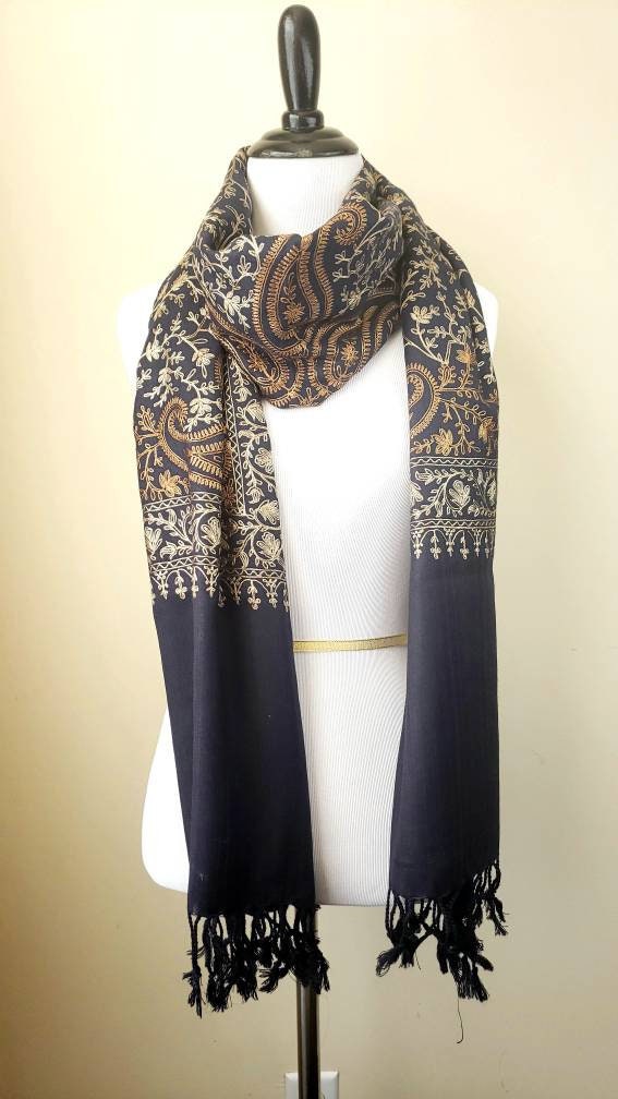 Embroidered navy wool shawl, paisley shawl, blue wool scarf ...