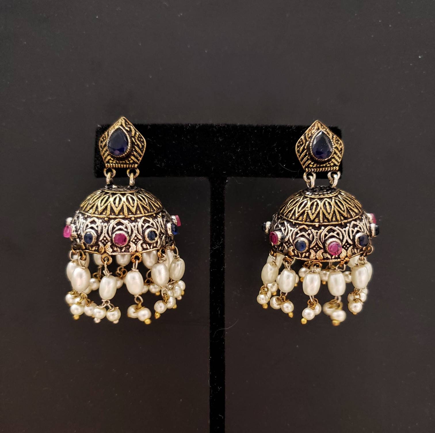 Indian jewelry, Indian earrings, Two tone jhumka earrings, pearl jhumka