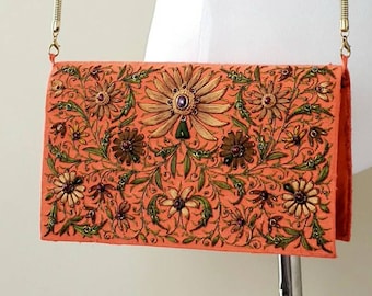 Orange Silk Evening Bag: Embroidered Floral Clutch with Star Rubies
