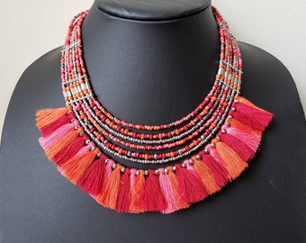 Colorful beaded fringe necklace, Boho necklace, tassel necklace, colorful bib necklace, resort jewelry, vacation jewelry, summer necklace