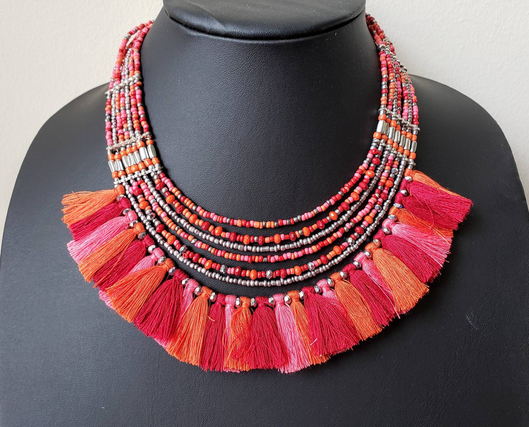 Colorful beaded fringe necklace, Boho necklace, tassel necklace ...