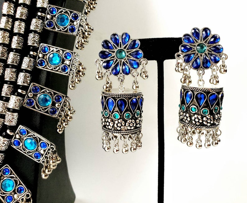 Afghani multistrand blue necklace in oxidized silver,art nouveau necklace,Kuchi tribal medallion necklace,ethnic necklace,bellydance jewelry