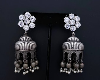 Indian jhumka earrings with CZ stone, crystal jewelry, crystal drop earrings, Indian jewelry, ethnic earrings,pearl jhumka,  gifts for her