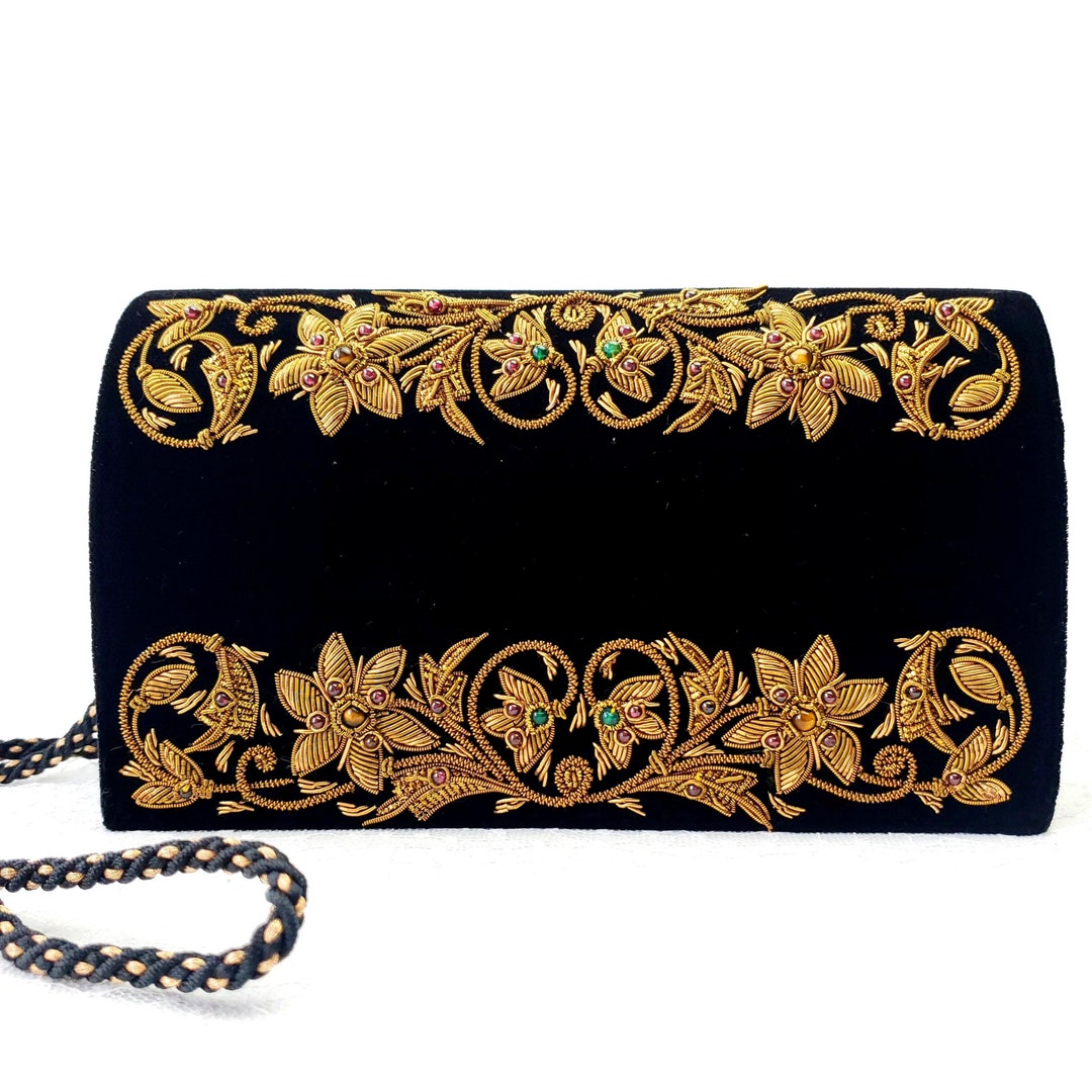 Luxury Black Velvet Evening Bag Embroidered With Copper - Etsy