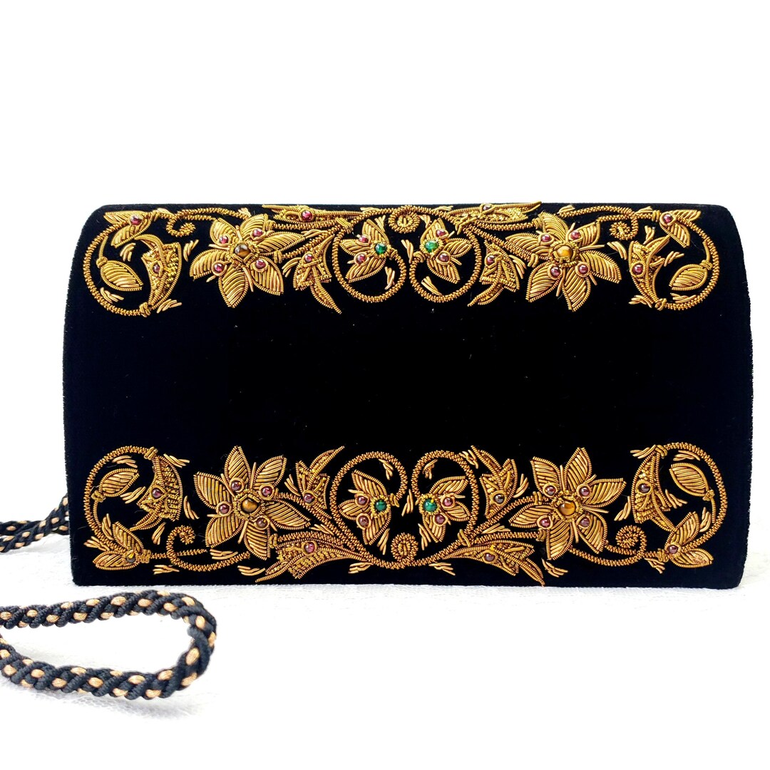 Luxury Black Velvet Evening Bag Embroidered With Copper Flowers, Hand