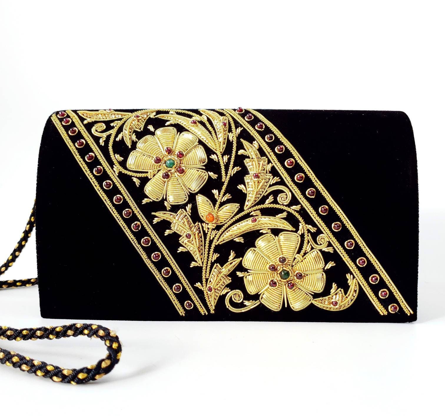 Luxury black velvet evening bag embroidered with gold flowers