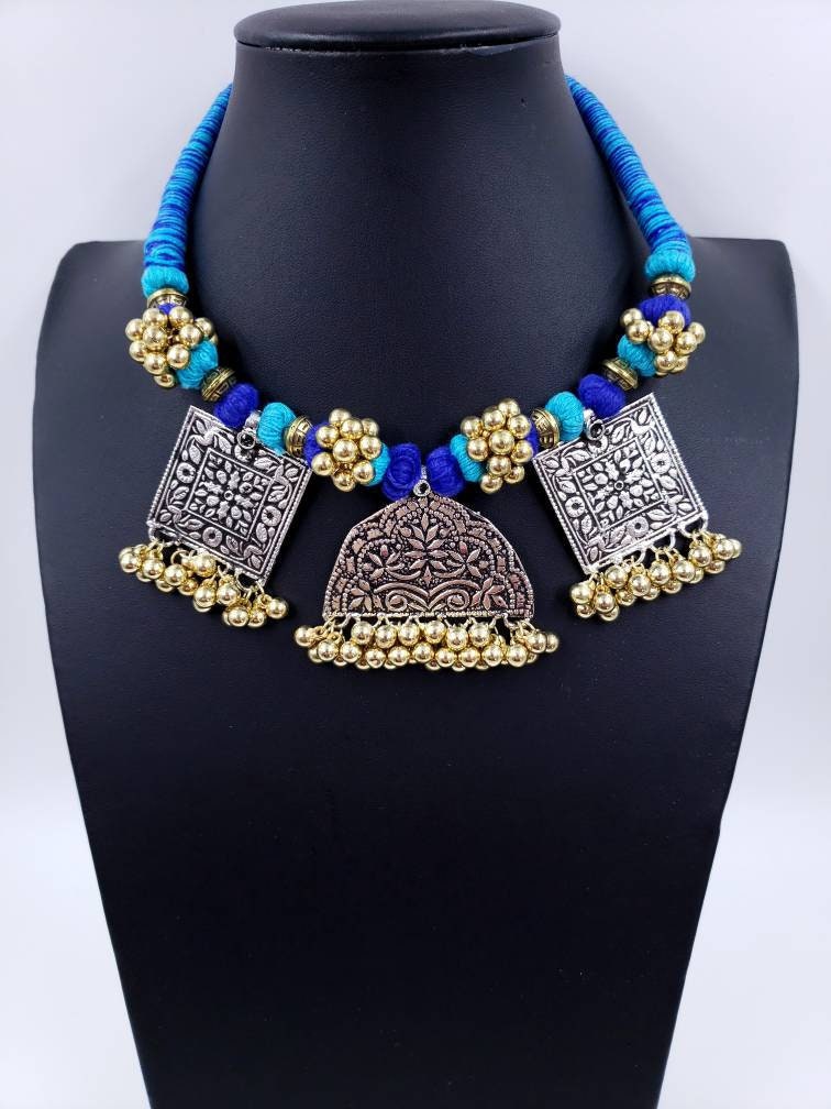 Set Thread String Necklace Earring Jhumki Silver Oxidized Jewelry Tribal Boho 10 