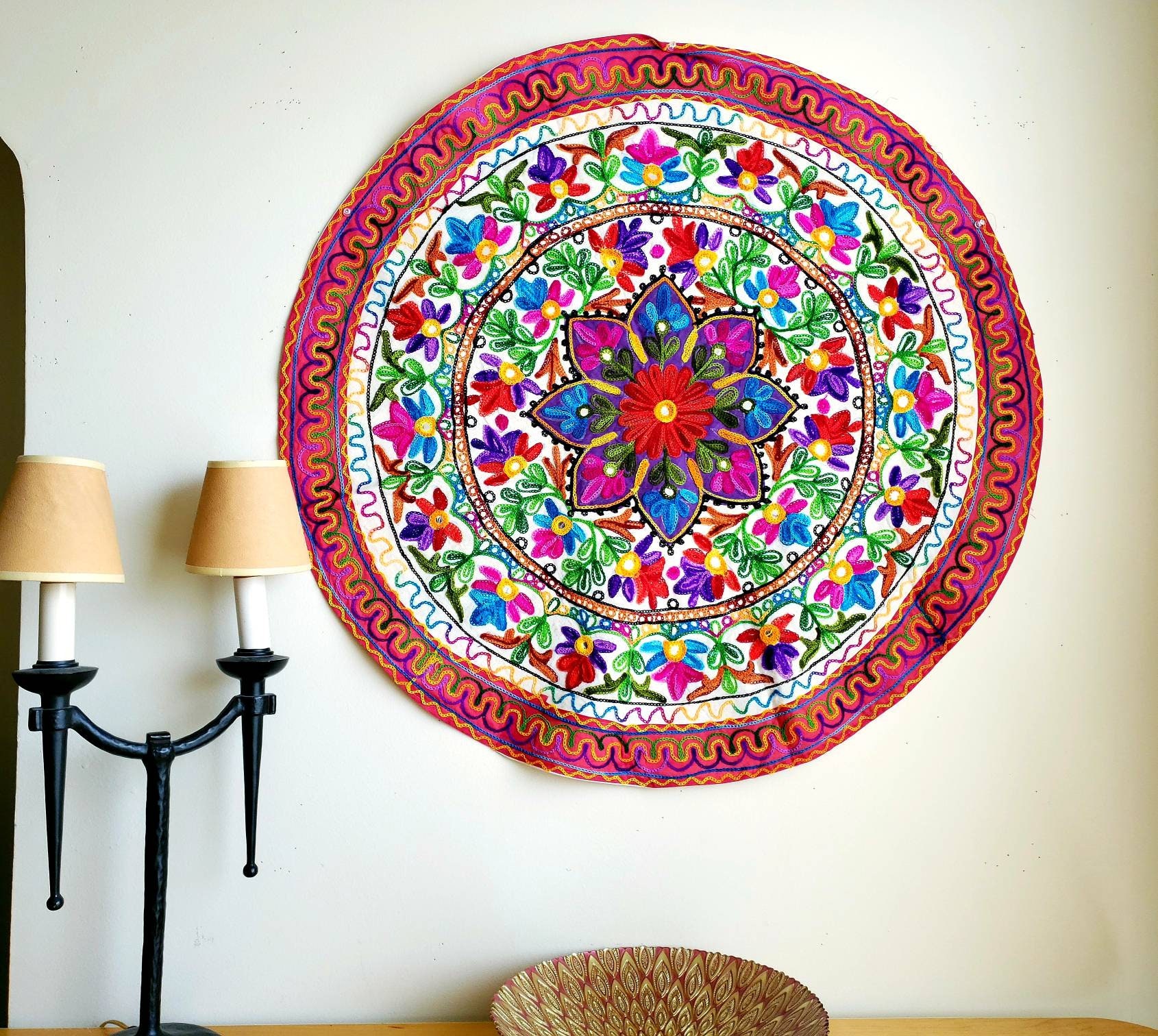 Colorful embroidered India tapestry wall hanging, floral ethnic Kuchi wall decor,boho home decor 