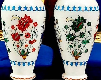 Marble Inlay Vase: Lapis Lazuli, Carnelian & Malachite Floral Design