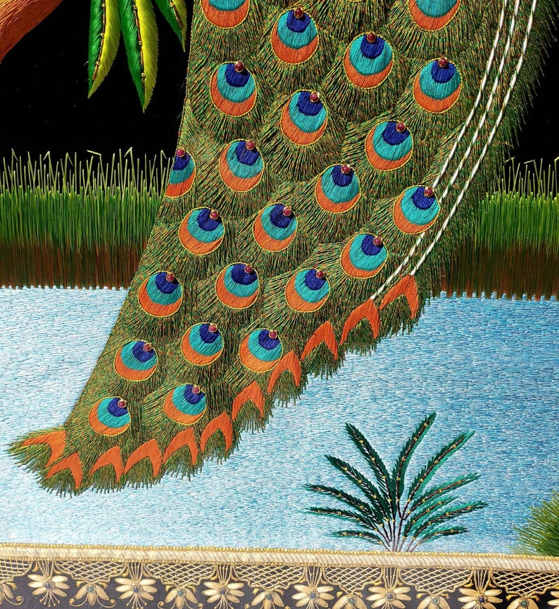 Large Hand Embroidered Peacock Wall Art: Zardozi India Decor image 8