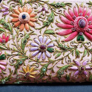 Peach Silk Embroidered Clutch: Zardozi Floral Evening Bag image 8