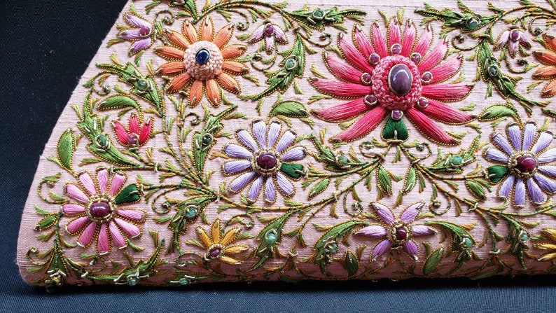 Peach Silk Embroidered Clutch: Zardozi Floral Evening Bag image 8