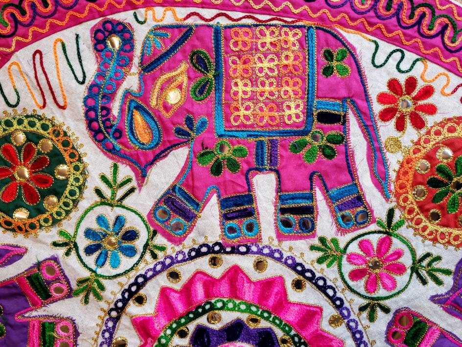 Round Pink and Purple elephant embroidered tapestry,India wall decor