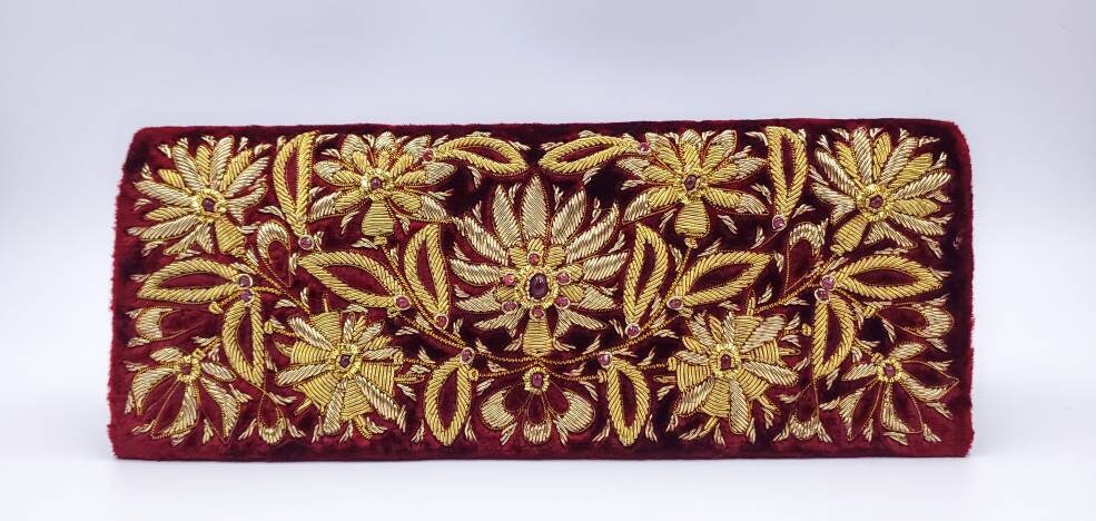 OOAK embroidered burgundy velvet clutch with gold work and star rubies ...