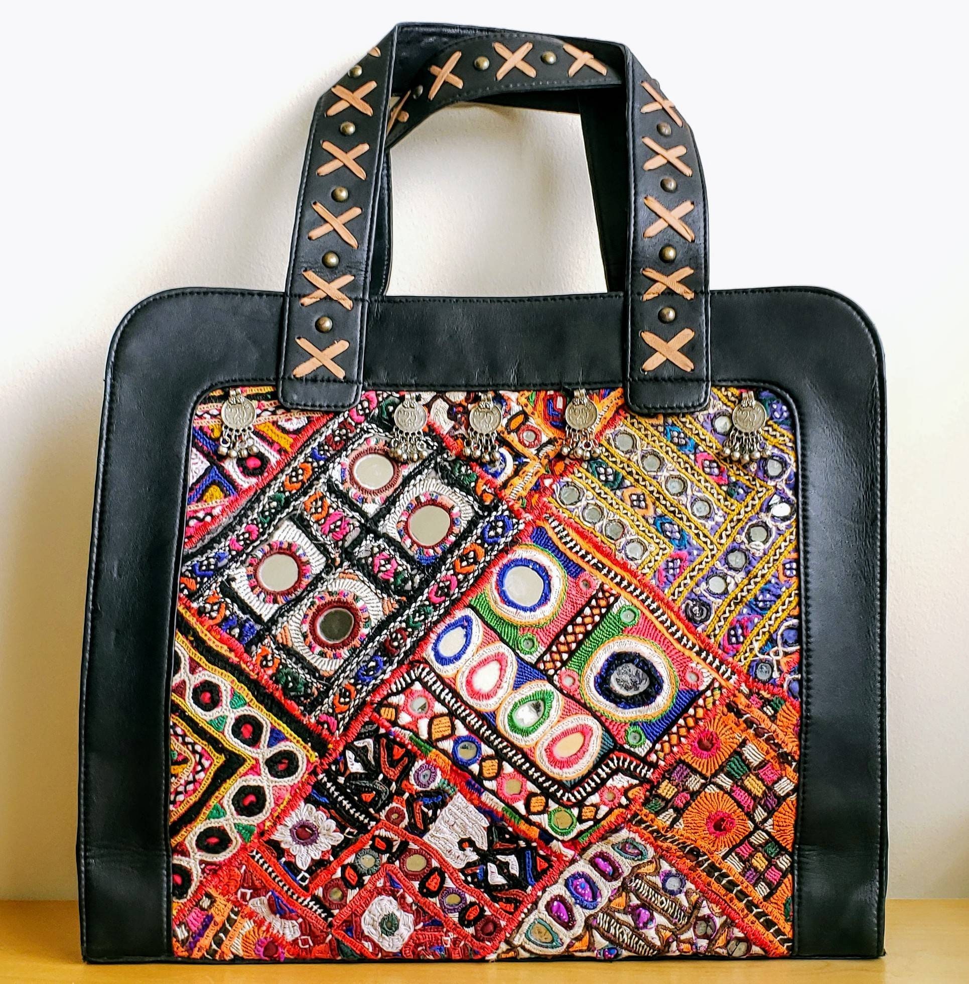 Indian Banjara embroidered black leather tote bag, embroidered Banjara