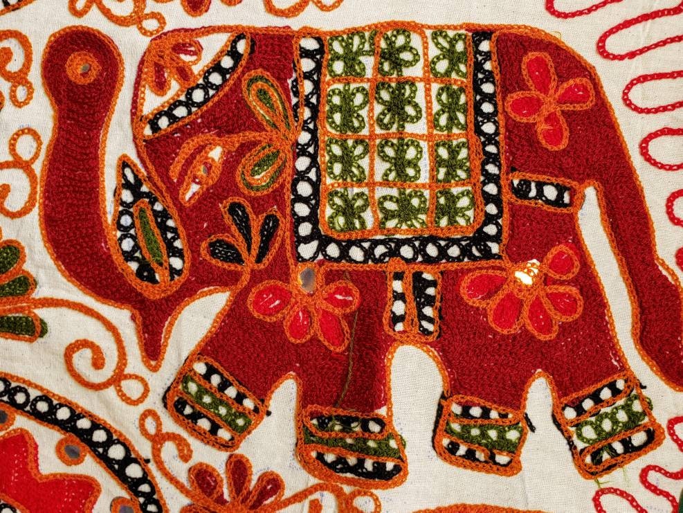 Round elephant embroidered India wall hanging tapestry, boho tapestry ...