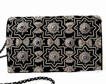 Art Deco Velvet Evening Bag: Embroidered Silver Stars, Lapis Lazuli Jewel Purse