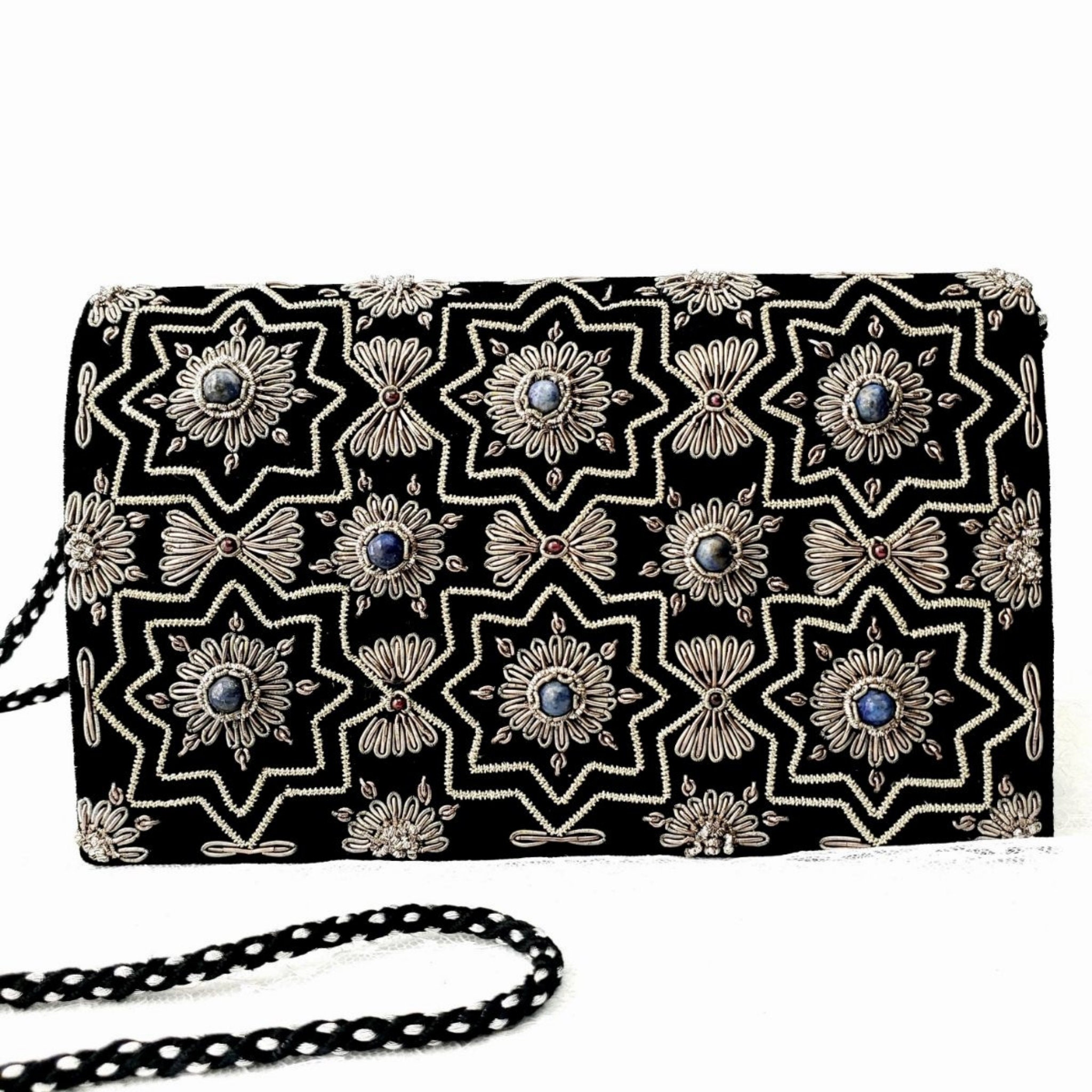 Custom Made Crown Crest Zardosi Black Velvet Multi Pockets Belt Bag by