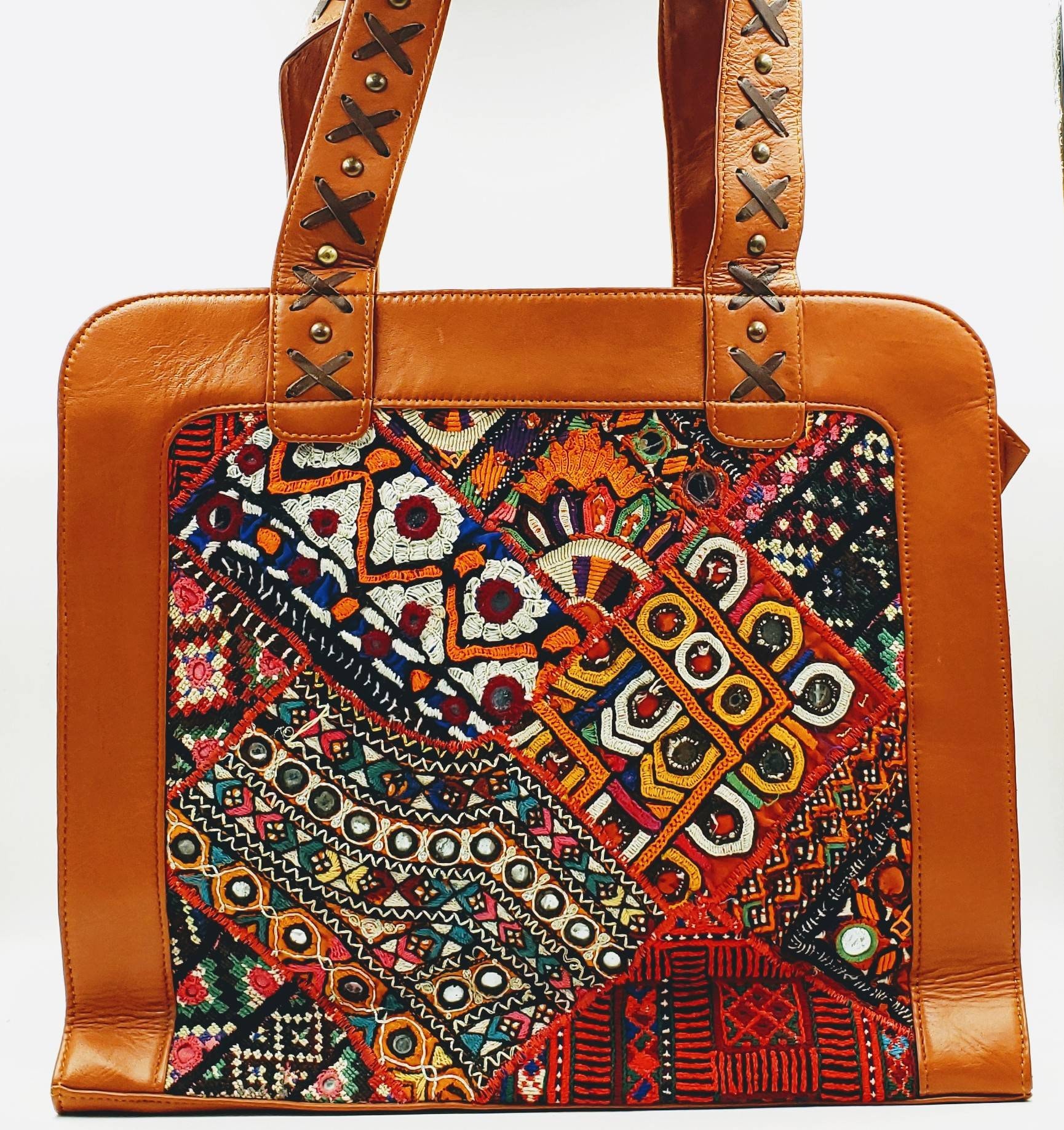 Embroidered brown leather Banjara bag, boho leather bag, embroidered ...