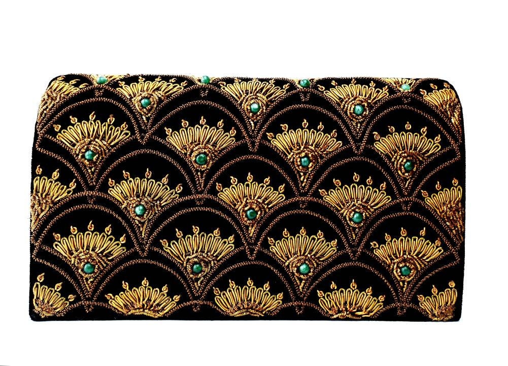 Black Velvet Embellished evening bag, embroidered evening bag clutch