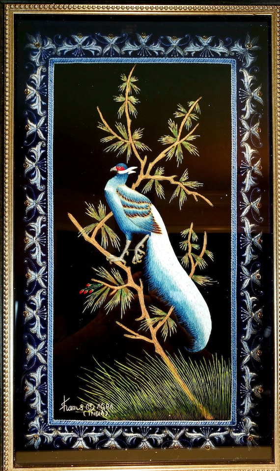 Blue Pheasant Zardozi Embroidery Art: Framed Bird Wall Decor