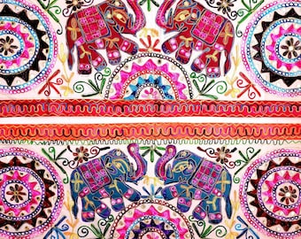 May include: Two embroidered fabric panels with colorful floral designs and elephants. The elephants are in a standing position with their trunks raised. The panels are decorated with intricate details and bright colors.