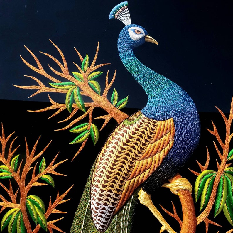 Large Hand Embroidered Peacock Wall Art: Zardozi India Decor image 4