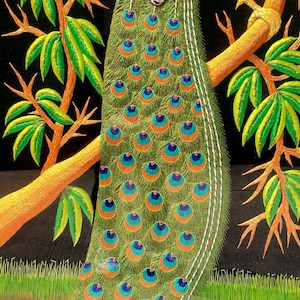 Large Hand Embroidered Peacock Wall Art: Zardozi India Decor image 6
