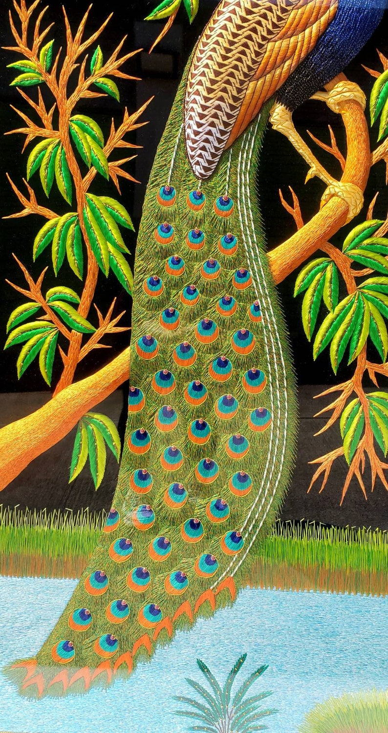 Large Hand Embroidered Peacock Wall Art: Zardozi India Decor image 6