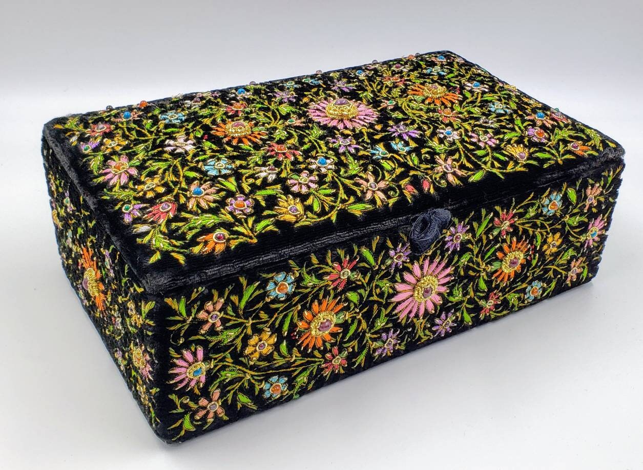 Handmade floral embroidered jewelry box, jeweled box with star rubies