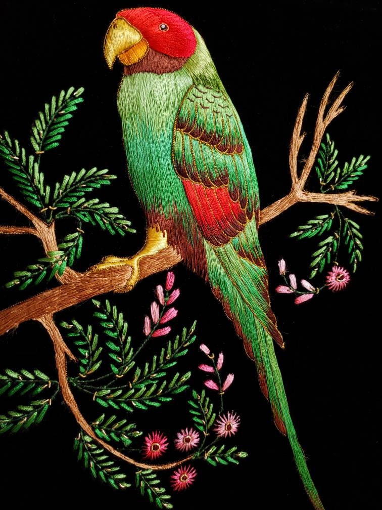 Hand embroidered parrot on black velvet, Parrot home decor, parrot wall