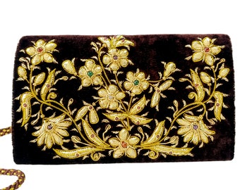 Embroidered Velvet Clutch: Zardozi Jewel Handbag, Gold Floral Evening Bag