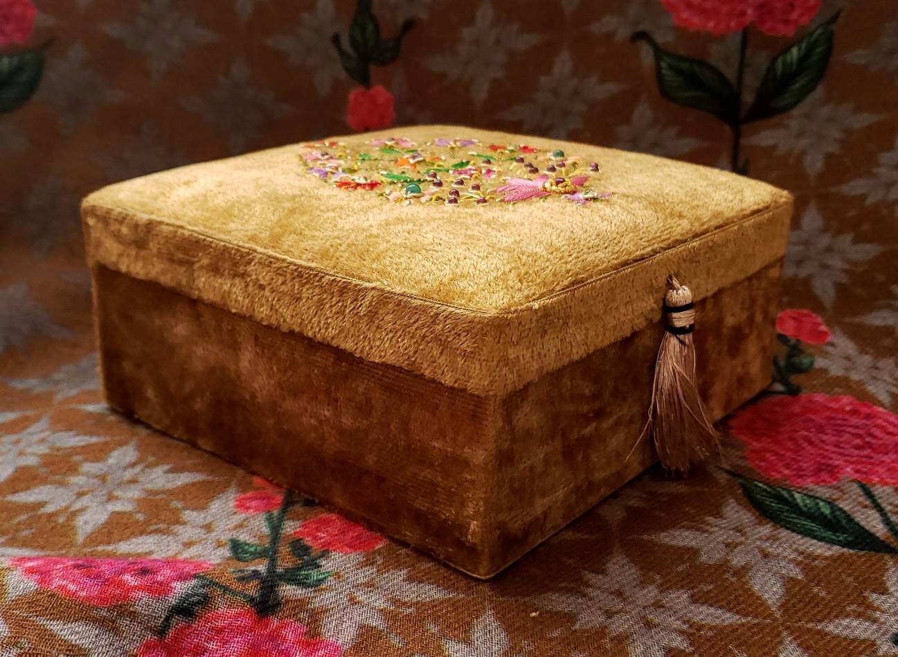 Gold velvet handmade embroidered Jewelry box, velvet gift box, wedding