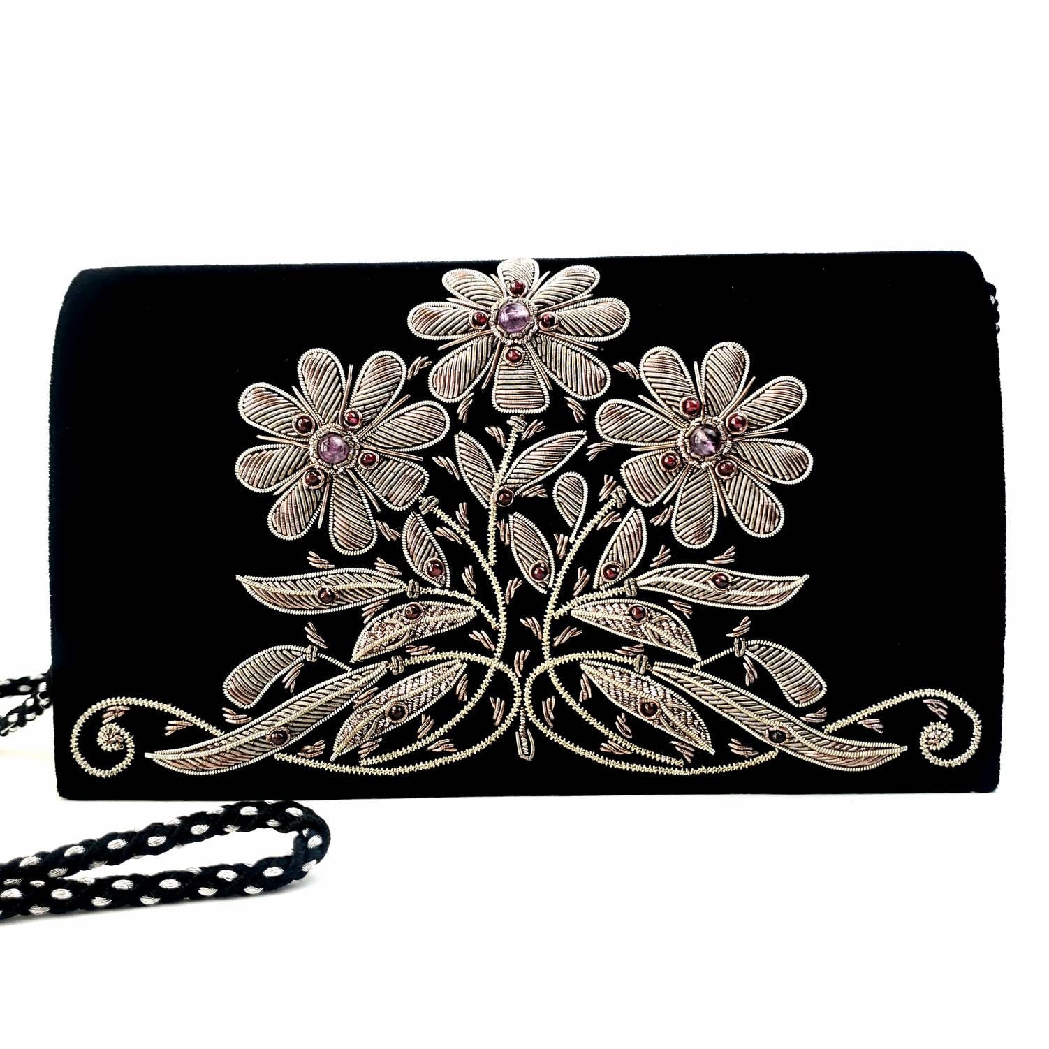 Luxury black velvet evening bag embroidered with antique silver