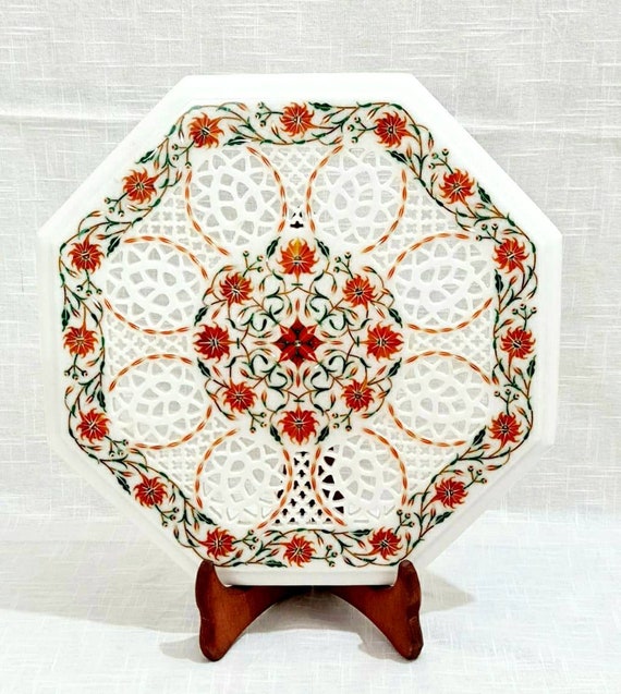 Marble Inlay Table Top: Pietra Dura Floral Art, 12" Octagon