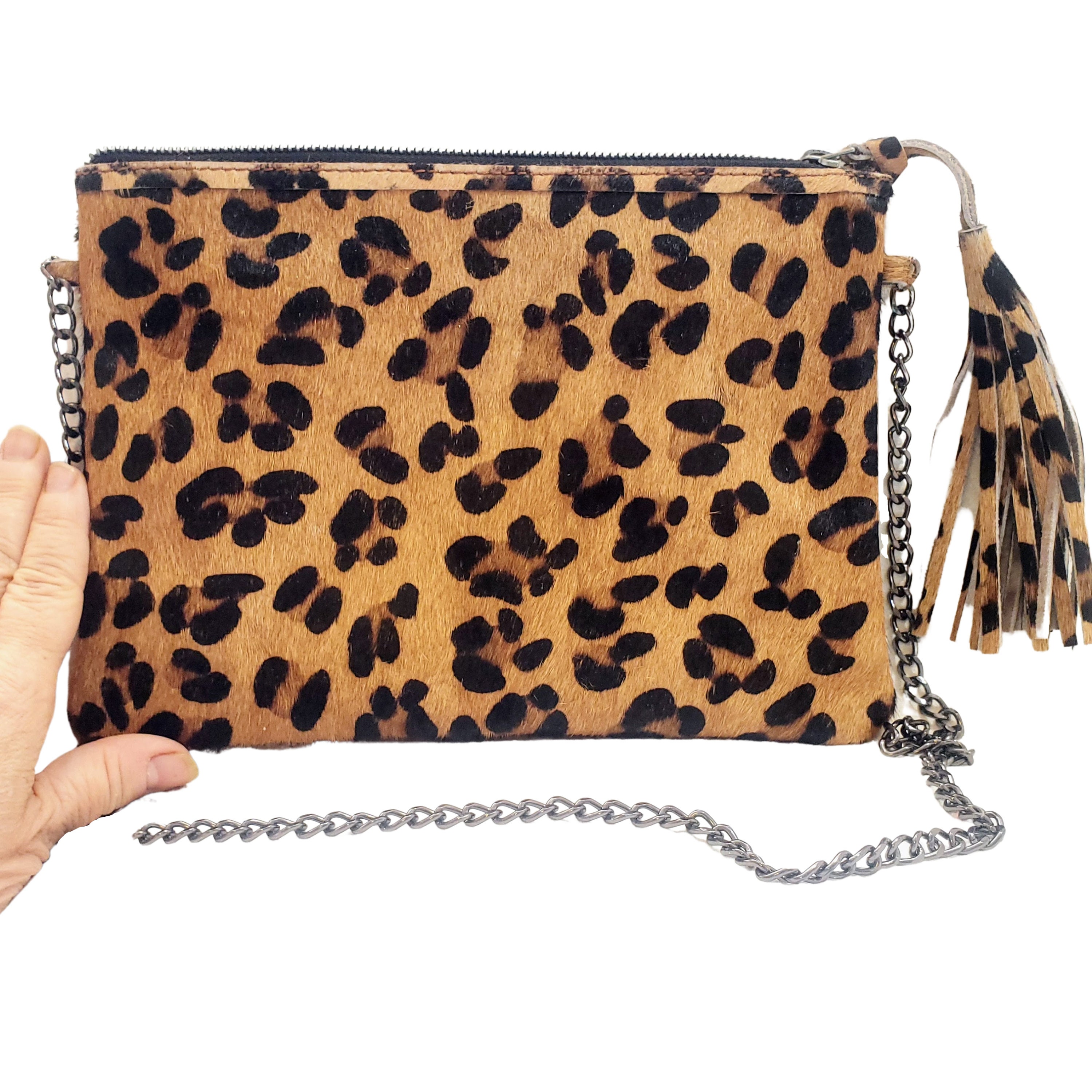 Leopard print leather crossbody bag hair on hide small pouch bag with chain handmade animal print leather clutch western wear rodeo purse