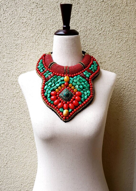 Collier Pectoral (Plastron) Ethnique Brodé Perles Corail & Topaze - Bijou Tibétain Vintage