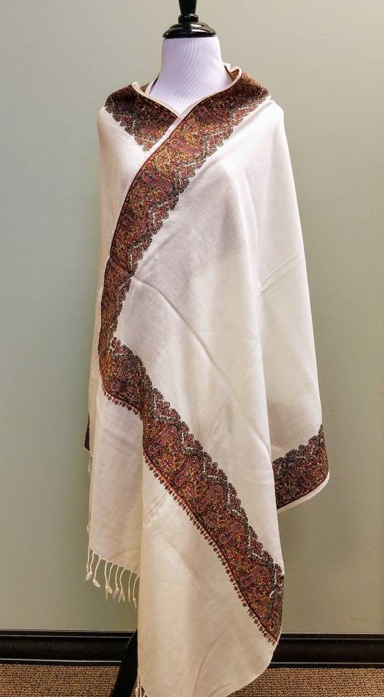 Ivory embroidered wool shawl, embroidered shawl, India shawl, Bollywood ...