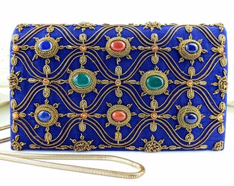 Art Deco Silk Evening Bag: Embroidered Cleopatra Clutch with Gemstones